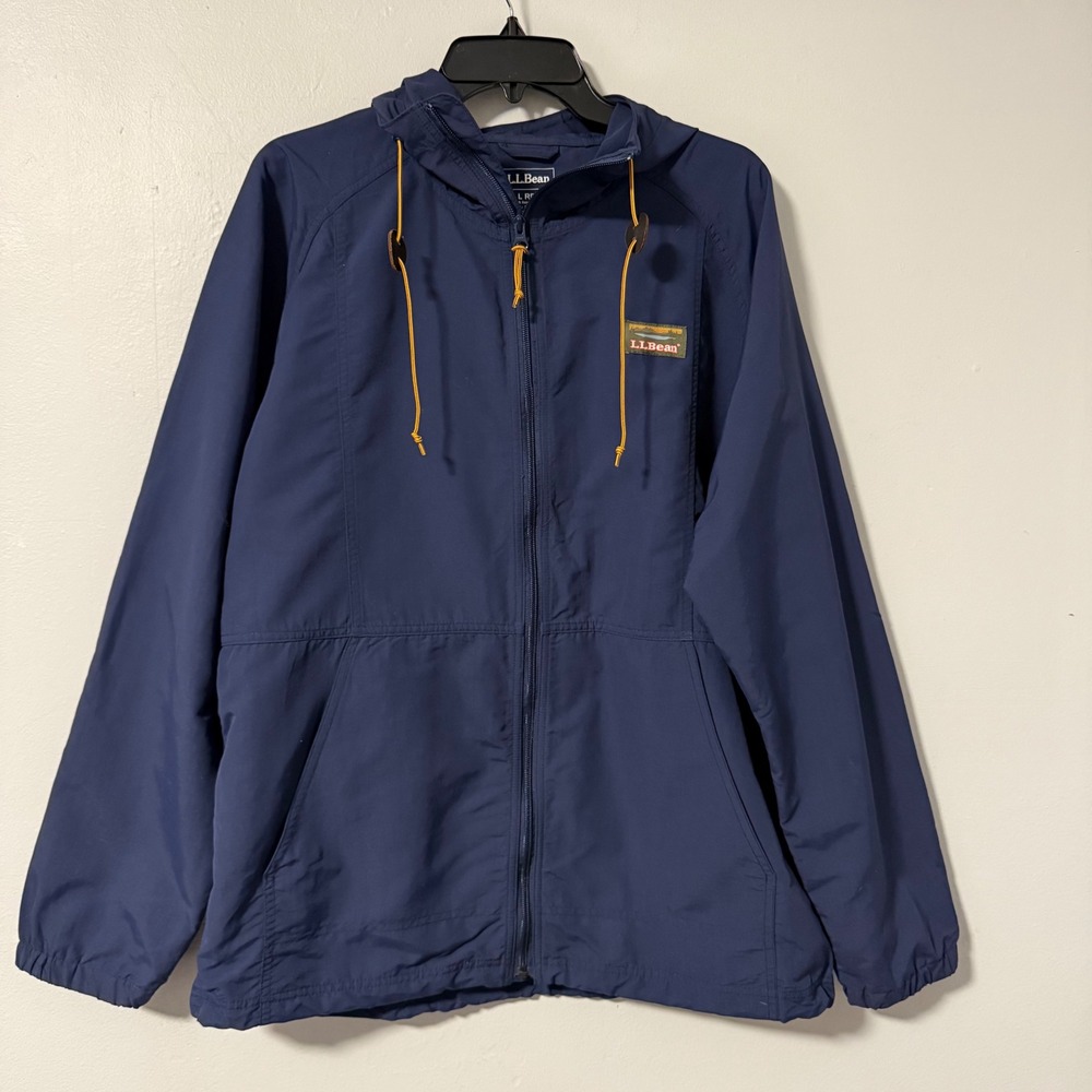 LL Bean Mens Navy Blue Hooded Windbreaker Jacket L REG Nylon Lightweight Casual‎